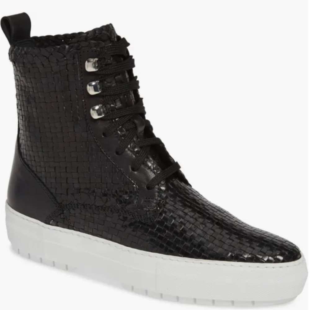 Aquatalia Tess Lace Up Woven Leather Sneakers Size 8.5 Black